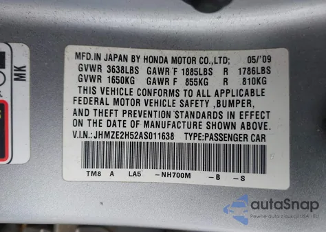 2010 Honda Insight Lx from USA, damaged, VIN JHMZE2H52AS011638